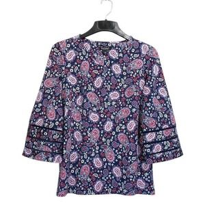 Roz And Ali Top Womens‎ Small Blue Multi 3/4 Sleeve V-Neck Paisley Print Blouse